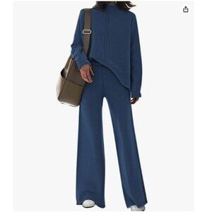 AOHITE Womens 2 Piece Outfit Sets X-LARGE Knit Pullover Sweater, Wide Leg Navy